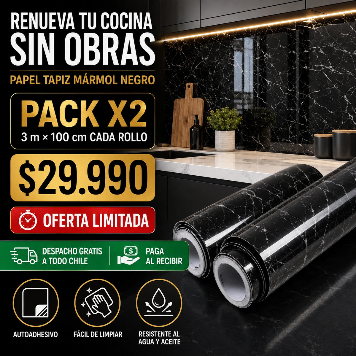 Papel Tapiz Mármol Negro PACK X2